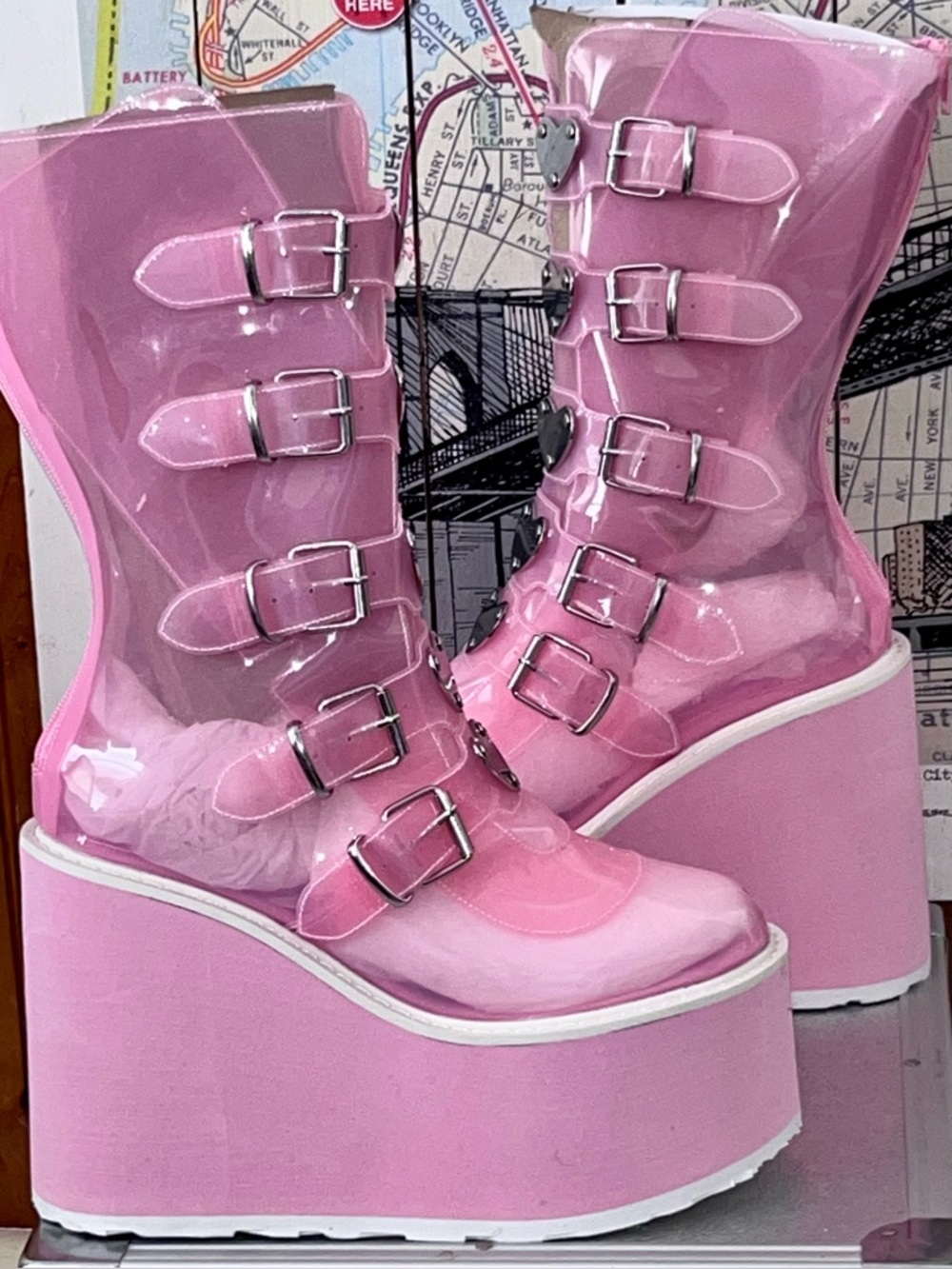 Dolls Kill Pink Patent Platform Buckle Boots